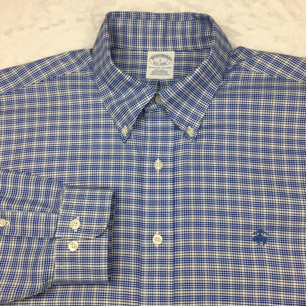 Brooks Brothers Shirt Mens Large Blue‎ Plaid Non Iron Embroidered